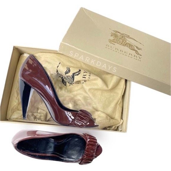 Burberry Maroon Patent Leather Wine Peep Toe Pumps High Heel Dust Bag Box 35 - Picture 1 of 10